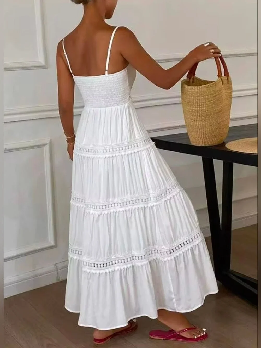 New Flowy Lace Trimmed Tiered Long Cami Dress White - Picture 6 of 9
